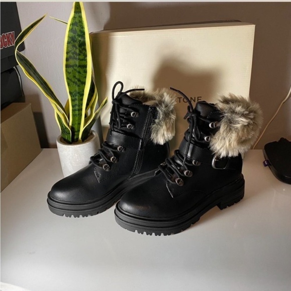 Sun + Stone Black and Cream Fur Combat Boots - Picture 3 of 3